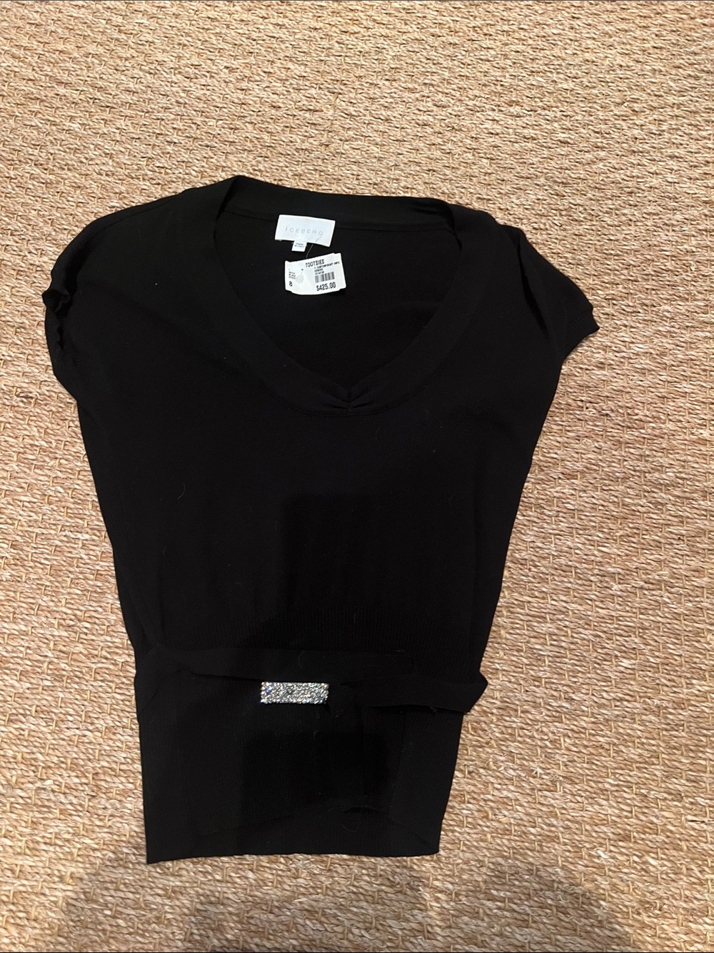 Iceberg Black V-Neck Short Sleeve Knit Top with Waist Detail